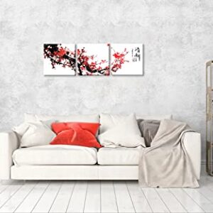 NAN Wind Small Size Traditional Chinese Painting of Red Plum Blossom Canvas Prints 3 Pcs Calligraphy Art Paintings Wall Art Poem Print Painting Framed 12x12inches 3pcs/set