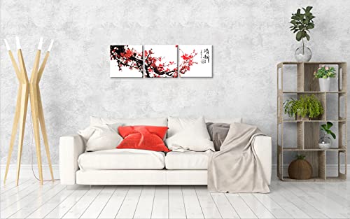 NAN Wind Small Size Traditional Chinese Painting of Red Plum Blossom Canvas Prints 3 Pcs Calligraphy Art Paintings Wall Art Poem Print Painting Framed 12x12inches 3pcs/set