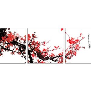 NAN Wind Small Size Traditional Chinese Painting of Red Plum Blossom Canvas Prints 3 Pcs Calligraphy Art Paintings Wall Art Poem Print Painting Framed 12x12inches 3pcs/set