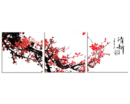 NAN Wind Small Size Traditional Chinese Painting of Red Plum Blossom Canvas Prints 3 Pcs Calligraphy Art Paintings Wall Art Poem Print Painting Framed 12x12inches 3pcs/set