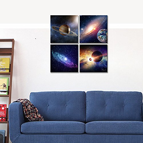 Wieco Art Giclee Canvas Prints Wall Art Space Pictures for Bedroom Home Decorations Universal Magic Power Modern 4 Panels Contemporary Star Sky Pictures Astronomy Artwork