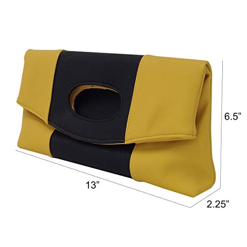 JNB Synthetic Leather Color Block Fold Over Clutch, Mustard/Black