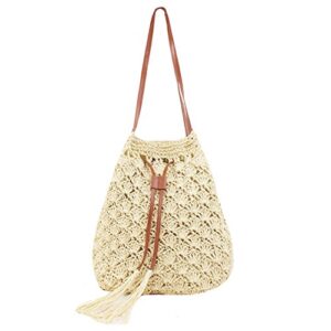 CLARA Women Summer Beach Bag Straw Weave Bucket Bag Drawstring Shoulder Bag Tote Bag Handbag Purse(Beige)