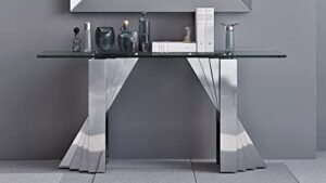 modern falcone console table – clear glass with polished stainless steel base