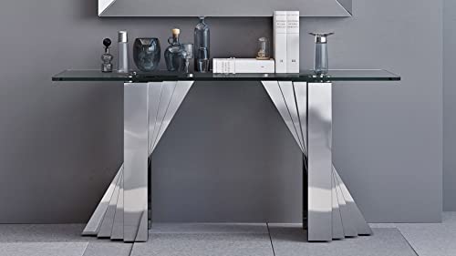 Modern Falcone Console Table - Clear Glass with Polished Stainless Steel Base