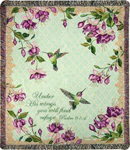manual woodworkers & weavers tapestry throw, psalm 91:4, 50 x 60, ruby’s among the fuchsia’s scripture