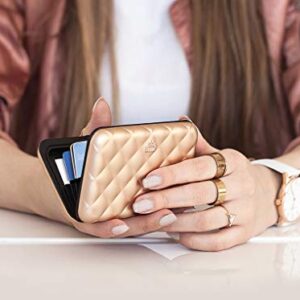 ÖGON -DESIGNS- Lady Case Women’s aluminum wallet - Quilted metal purse - RFID Blocking card holder - Strong metal lock - Rose Gold