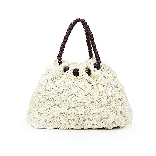 QTKJ Fashion Women Woven Straw Tote Bag Hollow Out Summer Vintage Straw Beach Bag with Beaded Handle (White)