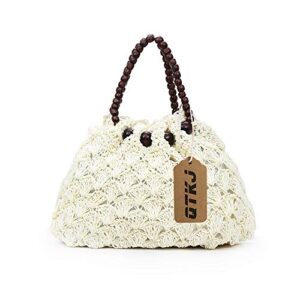 QTKJ Fashion Women Woven Straw Tote Bag Hollow Out Summer Vintage Straw Beach Bag with Beaded Handle (White)