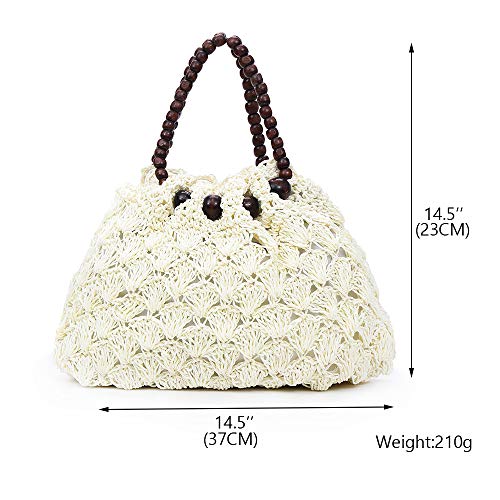 QTKJ Fashion Women Woven Straw Tote Bag Hollow Out Summer Vintage Straw Beach Bag with Beaded Handle (White)