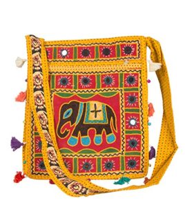 tribe azure hobo cross body elephant messenger shoulder bag mirror embroidered roomy women purse tote colorful casual everyday hippie boho (mustard)