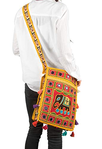 Tribe Azure Hobo Cross Body Elephant Messenger Shoulder Bag Mirror Embroidered Roomy Women Purse Tote Colorful Casual Everyday Hippie Boho (Mustard)