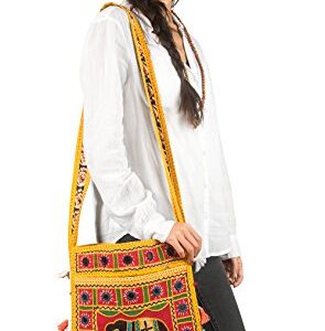 Tribe Azure Hobo Cross Body Elephant Messenger Shoulder Bag Mirror Embroidered Roomy Women Purse Tote Colorful Casual Everyday Hippie Boho (Mustard)