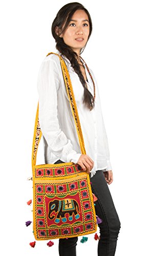 Tribe Azure Hobo Cross Body Elephant Messenger Shoulder Bag Mirror Embroidered Roomy Women Purse Tote Colorful Casual Everyday Hippie Boho (Mustard)