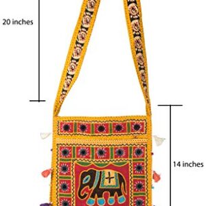 Tribe Azure Hobo Cross Body Elephant Messenger Shoulder Bag Mirror Embroidered Roomy Women Purse Tote Colorful Casual Everyday Hippie Boho (Mustard)