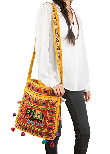 Tribe Azure Hobo Cross Body Elephant Messenger Shoulder Bag Mirror Embroidered Roomy Women Purse Tote Colorful Casual Everyday Hippie Boho (Mustard)