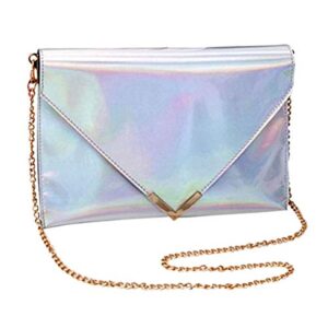 Goclothod Large Shoulder Bag Women Holographic Envelope Clutch Handbag Chain Crossbody Bag Tote Purse (Silver)