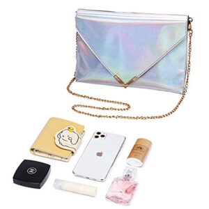 Goclothod Large Shoulder Bag Women Holographic Envelope Clutch Handbag Chain Crossbody Bag Tote Purse (Silver)