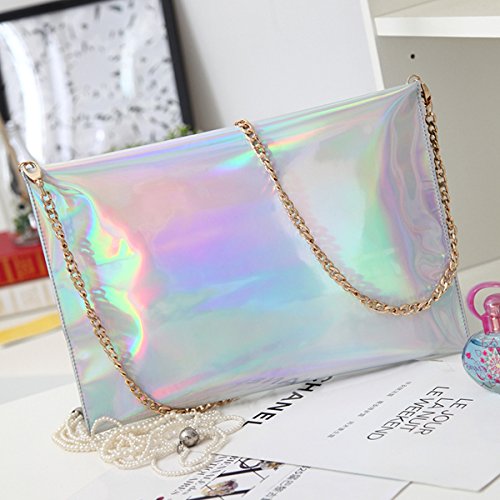 Goclothod Large Shoulder Bag Women Holographic Envelope Clutch Handbag Chain Crossbody Bag Tote Purse (Silver)