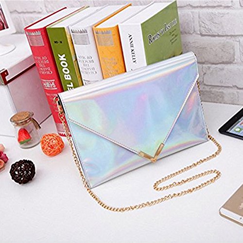 Goclothod Large Shoulder Bag Women Holographic Envelope Clutch Handbag Chain Crossbody Bag Tote Purse (Silver)