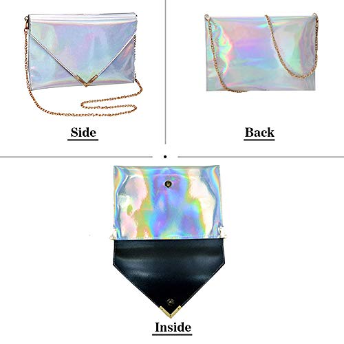 Goclothod Large Shoulder Bag Women Holographic Envelope Clutch Handbag Chain Crossbody Bag Tote Purse (Silver)