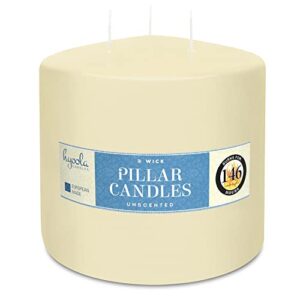 hyoola ivory three wick large candle – 6 x 6 inch – unscented big pillar candles – 146 hour – european made
