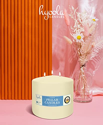 HYOOLA Ivory Three Wick Large Candle - 6 x 6 Inch - Unscented Big Pillar Candles - 146 Hour - European Made