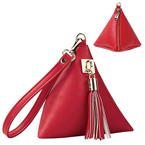 Women Leather Clutch Wallet Triangle Wristlet Purse with Wrist Strap Red