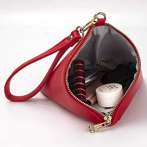 Women Leather Clutch Wallet Triangle Wristlet Purse with Wrist Strap Red