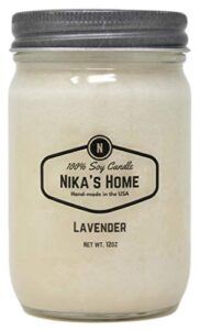 nika’s home lavender soy candle 12oz mason jar non-toxic white soy candle handmade, long burning 50-60 hours highly scented all natural, clean burning large candle gift décor