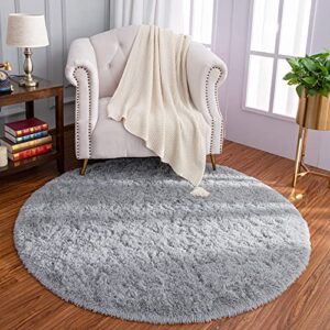lochas luxury round fluffy area rugs for bedroom kids girls room nursery, super soft circle rug, cute shaggy carpet for children living room, 4×4 feet grey