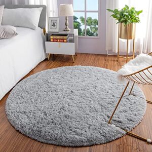 LOCHAS Luxury Round Fluffy Area Rugs for Bedroom Kids Girls Room Nursery, Super Soft Circle Rug, Cute Shaggy Carpet for Children Living Room, 4x4 Feet Grey