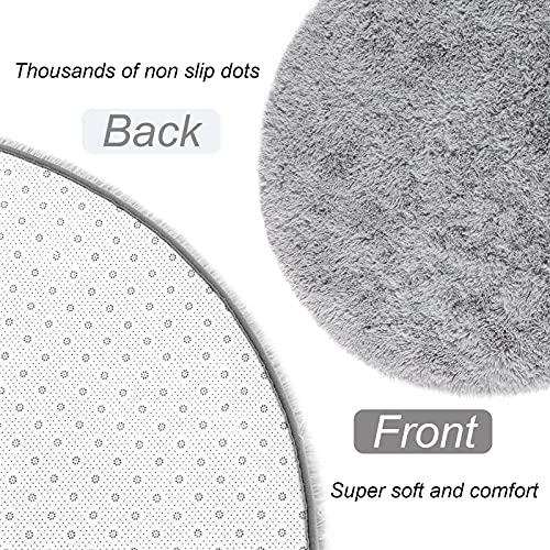 LOCHAS Luxury Round Fluffy Area Rugs for Bedroom Kids Girls Room Nursery, Super Soft Circle Rug, Cute Shaggy Carpet for Children Living Room, 4x4 Feet Grey