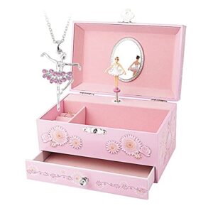 rr round rich design kids musical jewelry box for girls with drawer and jewelry set with ballerina theme – swan lake tune pink