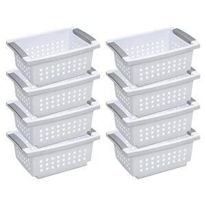 sterilite small plastic stacking storage basket container totes w/comfort grip handles and flip down rails for household organization, white, 8 pack