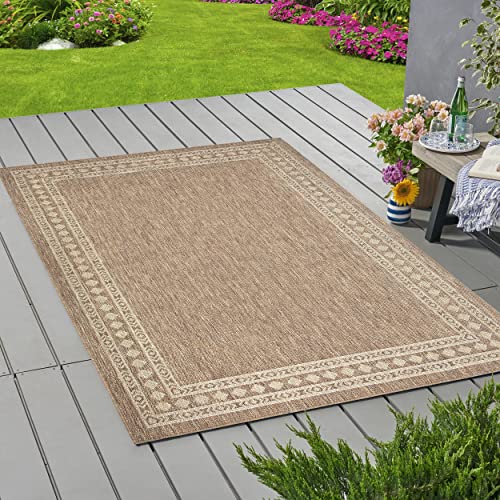 PRIYATE Indoor/Outdoor Area Rug 5'3" x 7'6'' – Border Design Freedom Asha Collection - Easy to Clean, Water/Stain/Fade Resistant, Pet Friendly, High Traffic Carpet for Patio, Deck, Living Room