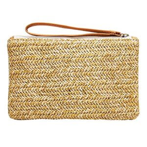 auony straw clutch handbag, women straw purse wristlet summer beach bag with zipper & handle