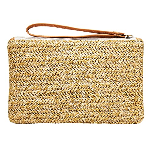 Auony Straw Clutch Handbag, Women Straw Purse Wristlet Summer Beach Bag with Zipper & Handle