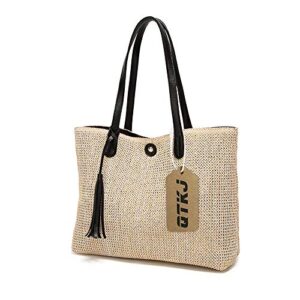 QTKJ Women Straw Summer Beach Bag Handwoven Big Tote Leather Shoulder Handbag with Tassel Decorate (Black)