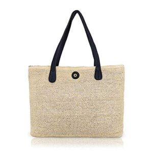 QTKJ Women Straw Summer Beach Bag Handwoven Big Tote Leather Shoulder Handbag with Tassel Decorate (Black)