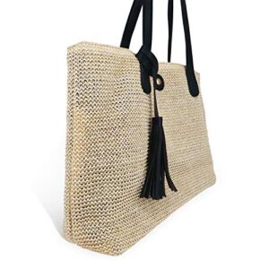 QTKJ Women Straw Summer Beach Bag Handwoven Big Tote Leather Shoulder Handbag with Tassel Decorate (Black)