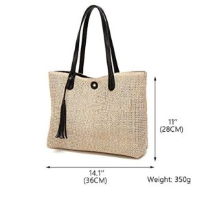 QTKJ Women Straw Summer Beach Bag Handwoven Big Tote Leather Shoulder Handbag with Tassel Decorate (Black)