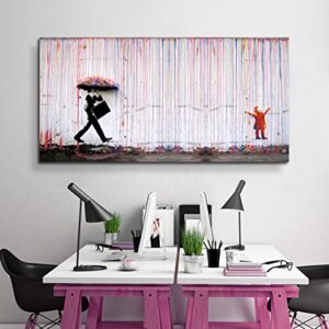 banksy canvas print colorful rain graffiti wall art print gallery wrapped image mural artwork for home decoration modern framed poster gift (banksy artwork 5, 20×40 inch)