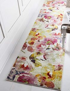 unique loom lyon collection modern watercolor floral area rug, 2 x 6 ft, ivory/pink