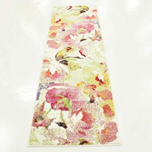 Unique Loom Lyon Collection Modern Watercolor Floral Area Rug, 2 x 6 ft, Ivory/Pink