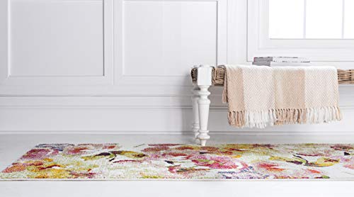 Unique Loom Lyon Collection Modern Watercolor Floral Area Rug, 2 x 6 ft, Ivory/Pink