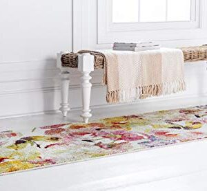 Unique Loom Lyon Collection Modern Watercolor Floral Area Rug, 2 x 6 ft, Ivory/Pink