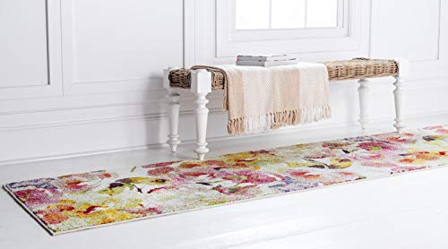 Unique Loom Lyon Collection Modern Watercolor Floral Area Rug, 2 x 6 ft, Ivory/Pink