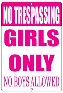 rogue river tactical funny no trespassing girls only metal tin sign, 12×8 inch, wall décor- bar daughter no boys allowed bedroom door (pink)