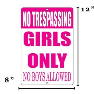 Rogue River Tactical Funny No Trespassing Girls Only Metal Tin Sign, 12x8 Inch, Wall Décor- Bar Daughter No Boys Allowed Bedroom Door (Pink)